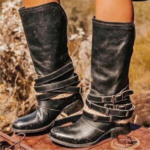 Freebird by Steven Drove Black Leather Strappy Buckle Riding Western Boots